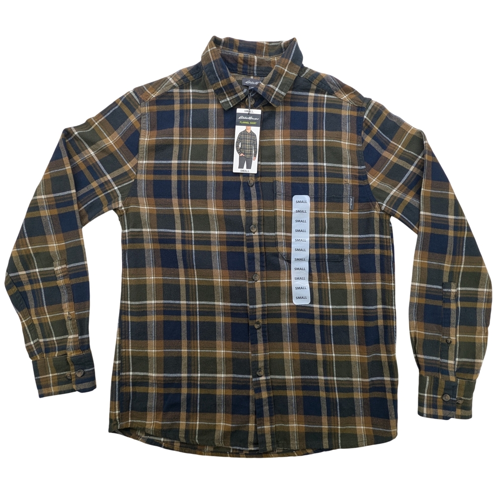 Eddie Bauer Shirt Mens Small Flannel Plaid Button Down Olive Brown Navy Classic